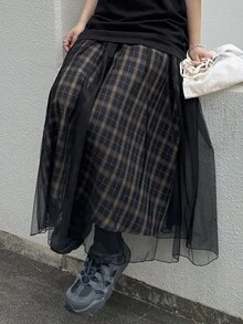 Dazy Tall Women's Plaid Mesh Patchwork Long Street Casual Skirt - Black - View 6