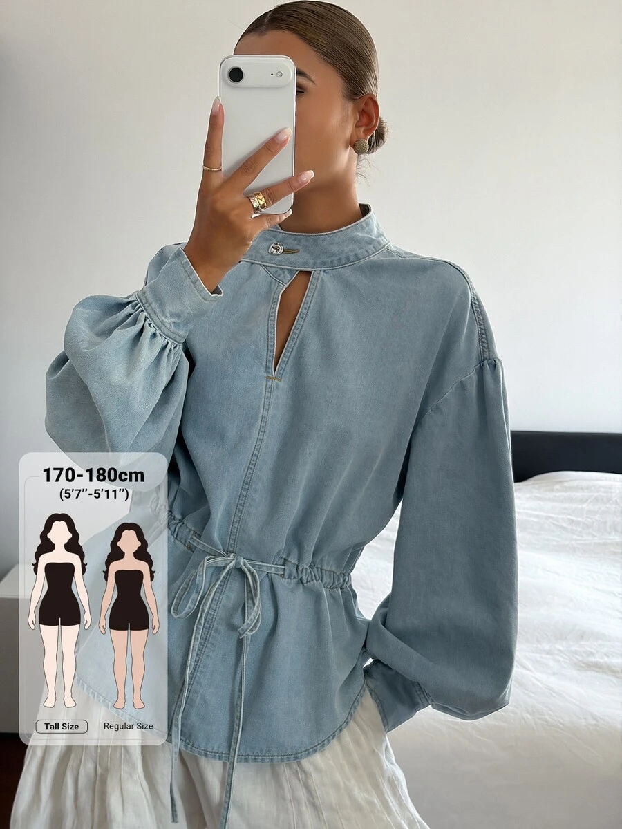 Dazy Tall Women's Small Stand Collar Waist-Cinching Casual Denim Top Fall - Light Wash - View 1