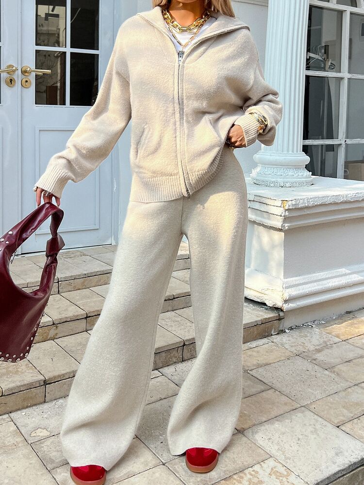 Dazy Tall 女款純色落肩長袖針織開襟衫與針織長褲休閒兩件套 秋季 - 米色 - 查看 6