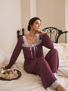 Côtesoire Set Piyama Wanita Motif Polkadot Romantis Prancis dengan Warna Kontras dan Patchwork Renda, Lengan Panjang dan Celana Panjang - Burgundy - View 4