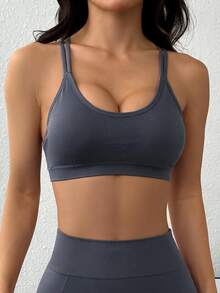 Slayform Slayform Áo ngực thể thao không đường may hở lưng dây cổ màu trơn - Màu xám đen - Xem 2