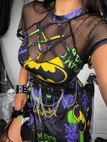 Whyspr BATMAN X SHEIN Plus Size Women's Patchwork Fishnet Cartoon Print Short Sleeve Casual Dress - Black - View 8