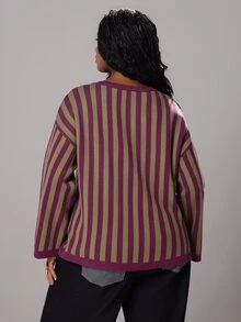 Rustia Sweater Pullover Kasual Longgar Lengan Panjang Bergaris Model Bahu Jatuh untuk Wanita Ukuran Besar Musim Dingin - Krem - View 2