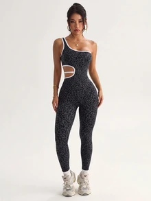 Slayform Slayform Women's One-Shoulder Leopard Print Colorblock Casual Daily Sports Jumpsuit - Black - View 2