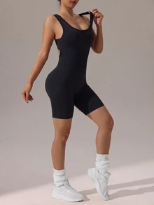 Slayform Slayform Women's Solid Color Back Twist Cutout Design Sleeveless Sports Romper - Black - View 4
