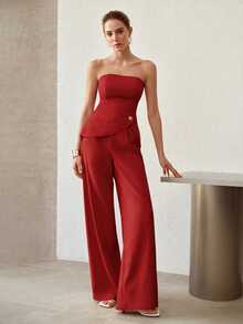 MOTF PREMIUM STRAPLESS SLIMMING ELEGANT CASUAL ROSE BUTTON DECOR COMMUTE 2 PIECES SET - Red - View 1