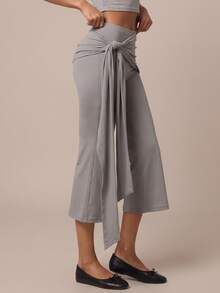 SHEIN BAE Women Grey High Waist Flare Drawstring Pants Gym Workout Training Running Yoga Athletic Activewear - Light Grey - View 3