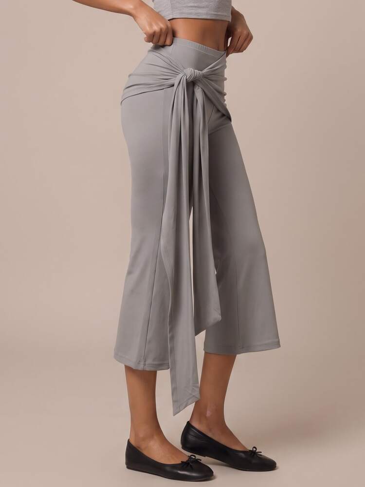 SHEIN BAE Celana Capri Olahraga Kasual Serbaguna Wanita dengan Tali Pengikat - Light Grey - View 3