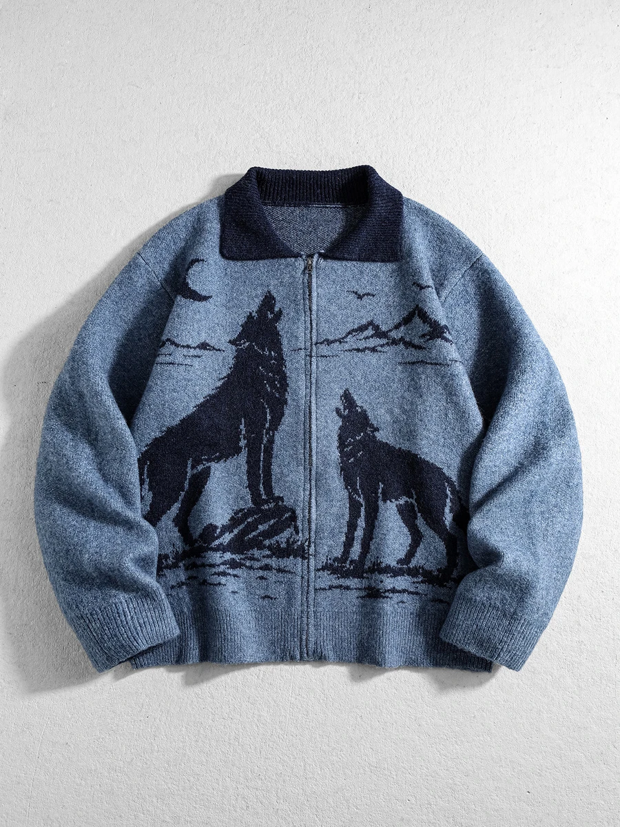 ROMWE MEN Men's Animal Jacquard Knit Cardigan, Vintage Fashion - Blue - View 1