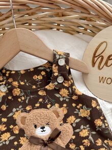 SHEIN 新生女嬰可愛百搭休閒卡通熊與碎花洋裝 - 棕色 - 查看 5