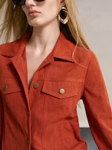 MOTF PREMIUM Bộ 2 món áo khoác và quần ống loe nhung gân màu cam cho nữ mùa thu/đông - Màu Cam cháy - Xem 2