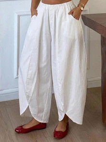 Dazy Plus All White Elastic Waist Petal Cuff Loose Harem Pants, Casual Cargo Cropped Length Denim Jeans For Girls, Vacation Style Fall Going Out - White - View 5