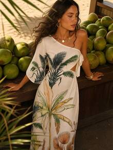 CAJUNI Chic Vacation Tropical Illustration One Shoulder Sleeve Dress - Multicolor - View 7