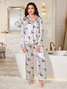 LuxeNights Bộ đồ ngủ nữ lụa giả họa tiết ngựa vằn, áo cổ bẻ vạt trước mở, tay dài và quần dài - Đen và trắng - Xem 6