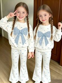 SHEIN 1套蝴蝶結圖案運動衫套裝，適合4-7歲女孩秋冬穿著，舒適可愛休閒日常風格 - 彩色 - 查看 3