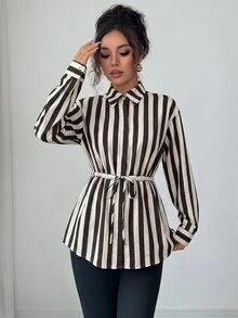 Elenzga 女款纖維亞麻棕色條紋襯衫領前襟隱藏式排扣腰部抽繩收腰A字版型長袖上衣，優雅法式復古辦公通勤度假休閒西式街頭風極簡百搭老錢風返校中東穆斯林下午茶派對聖誕萬聖節秋冬款 - 彩色 - 查看 4