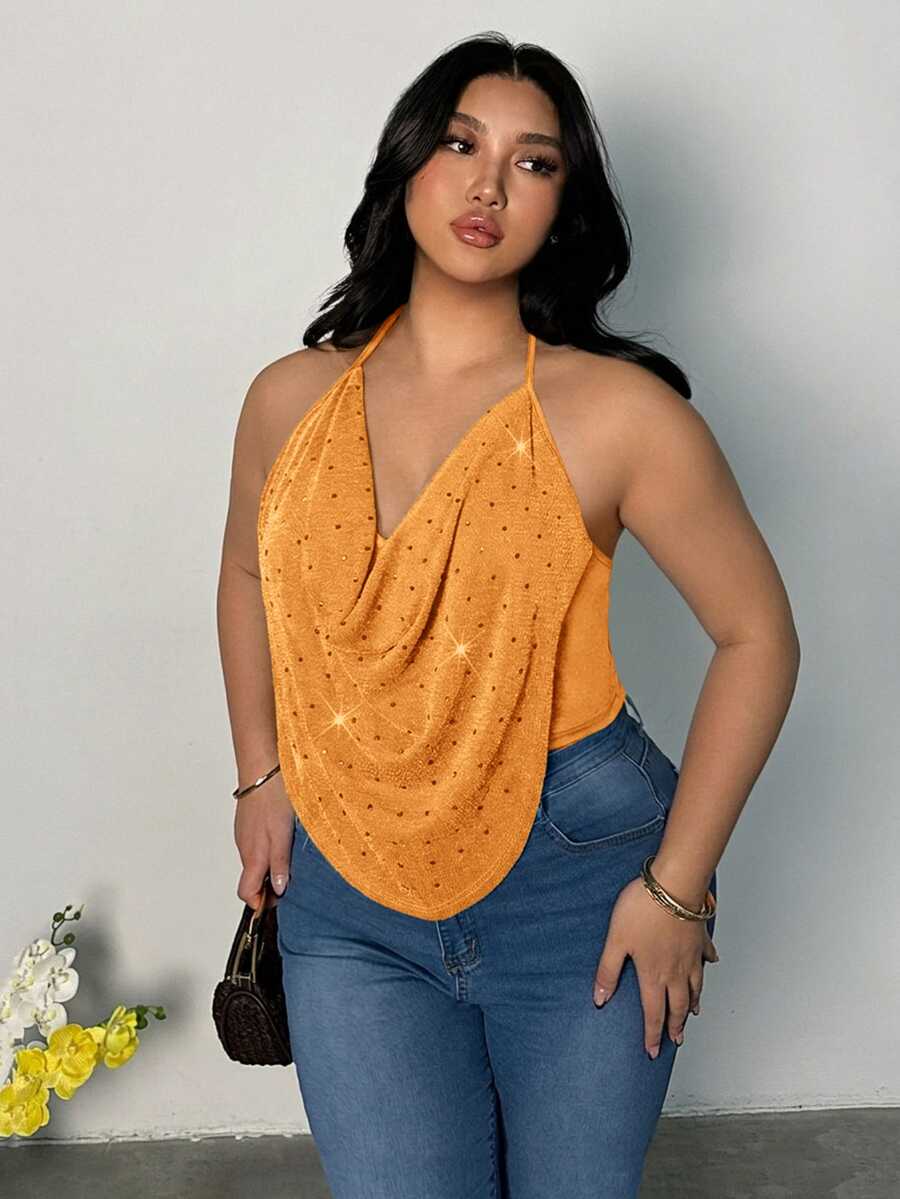 Firerie Plus Size Women's Cowl Neck Fashion Sexy Halter Tank Top - Coral Orange - View 1