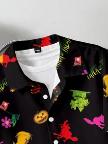LOONEY TUNES X SHEIN Daypath Men's Halloween Pumpkin Pattern Printed Button-Down Shirt - Black - View 3