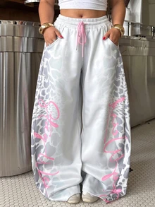 Muchica Plus Size Women's Drawstring Waist Pocket Casual Long Pants Fall - Light Grey - View 3