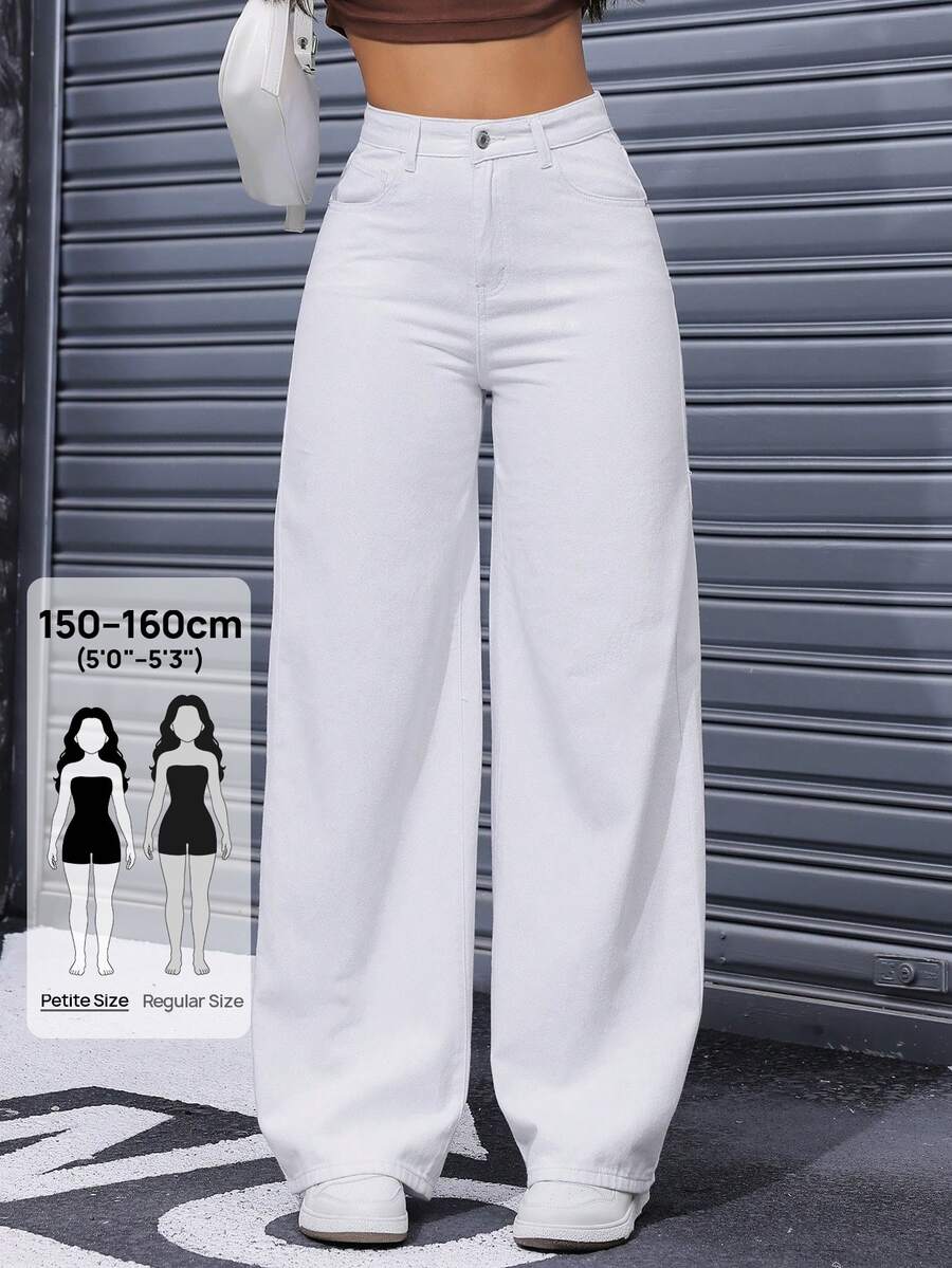 SHEIN PETITE White High-Waist Straight Leg Denim Jeans