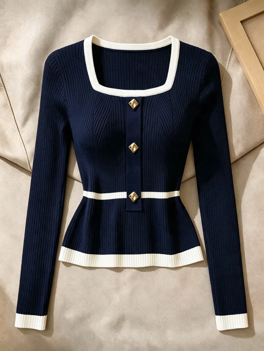Franclia Women's Contrast Color Square Neck Long Sleeve Metal Button ...