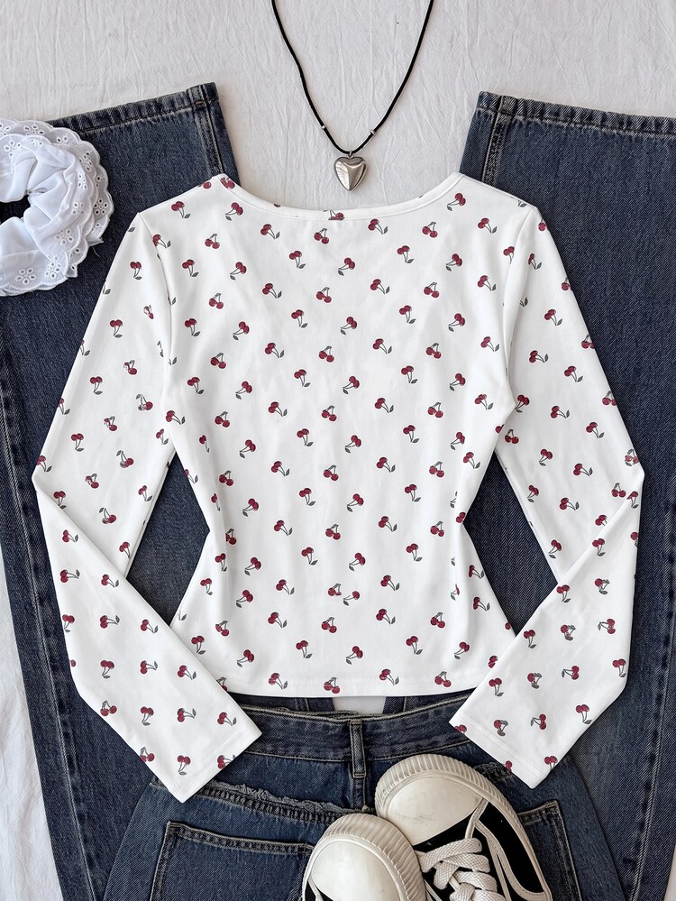 SHEIN Tween Girls T-Shirts Autumn New Knit White Polka Dot Pattern Square Neck Casual Slim Fit Long Sleeve T-Shirt - Multicolor - View 2