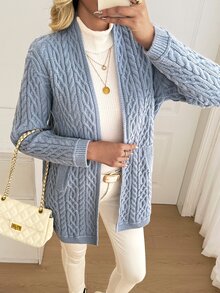 Sprig & Strand Women's Vintage V-Neck Cable Knit Solid Color Cardigan - Blue - View 5