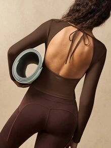 VARSIVA 女款純色露背綁帶長袖運動休閒上衣 T-shirt 健身運動衫 棕色 秋季 - 棕色 - 查看 13