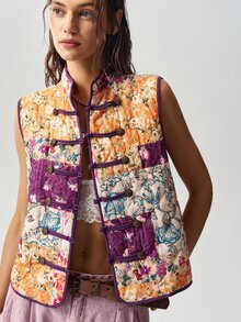 Bohemela Women's Floral Print Frog Button Design Casual Vest Jacket - Multicolor - View 4