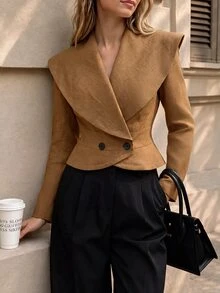Selianne Women's Solid Color Large Lapel Long Sleeve Double-Breasted Casual Blazer - Brown - View 6