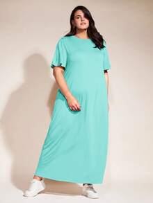 SHEIN BASICS 大尺碼純色女款T恤洋裝 夏季女裝 優雅寬鬆休閒度假海灘正式洋裝 藍綠色 - 薄荷綠 - 查看 6