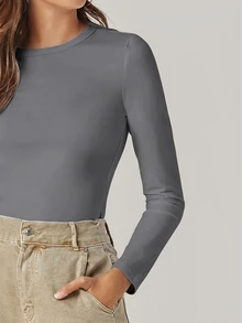 SHEIN BASICS 女款休閒百搭純色修身長袖T恤上衣 白色 - 灰色 - 查看 6