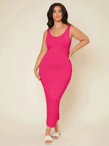 SHEIN BASICS 大尺碼純色緊身夏季洋裝 女款夏季穿搭 優雅女裝洋裝 - 玫紅色 - 查看 8