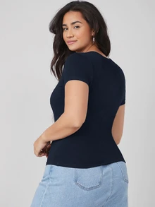 SHEIN BASICS Plus Round Neck Solid Slim Tee Summer Tops - Navy Blue - View 2