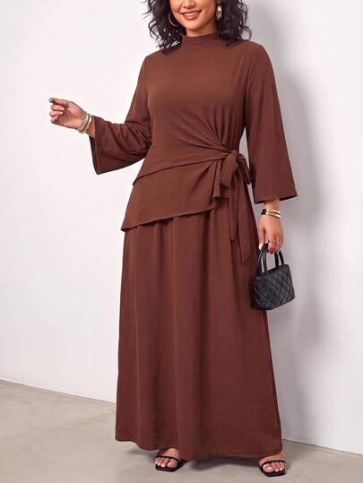 Truni This Plus-Size Women's Dark Brown Elegant Dress Is Perfect For A Sophisticated Autumn Work Outfit