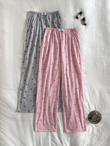 Napfluff 2pcs Women's Minimalist Fashion Striped Bow Print Waistband Elastic Waist Straight Leg Long Pajama Pants 2-Piece Set - Multicolor - View 3