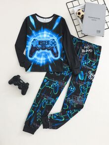 SHEIN 兒童青少年男孩修身款螢光遊戲機印花圓領長袖T恤與長褲套裝，柔軟舒適居家睡衣套裝 2件組 - 黑色 - 查看 3