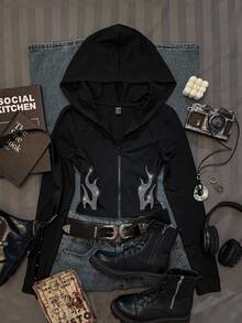 Attitoon Women's Solid Color Slim Fit Hooded T-Shirt, Autumn, Rhinestone Flame Pattern, Back To School Outfit, Street Fashion Cool Versatile, Club Party, Y2K - Black - View 2