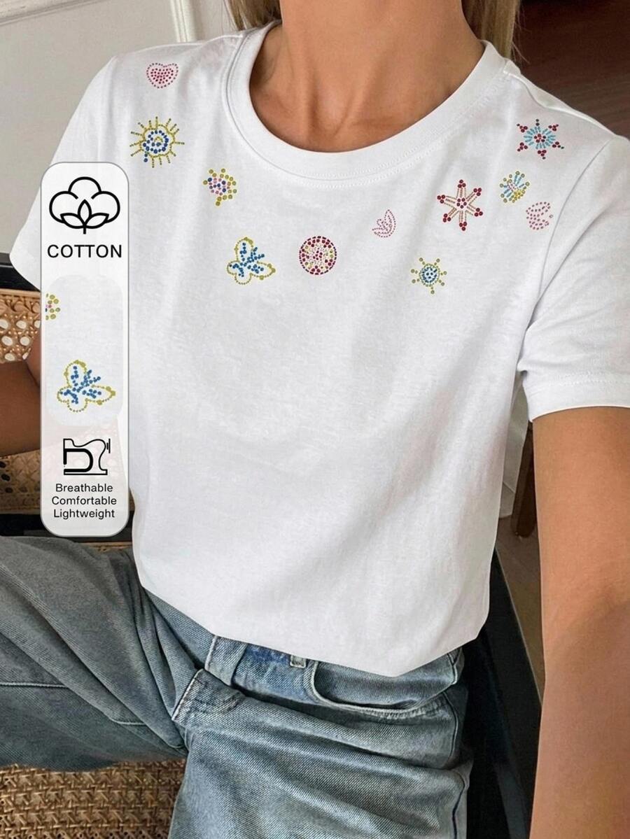 DAZY 女款蝴蝶印花圓領短袖休閒T恤 - 白色 - 查看 1