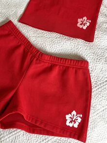 IslaSuriya Plus Size Floral Print Tube Top And Shorts 2 Pieces Set - Red - View 4