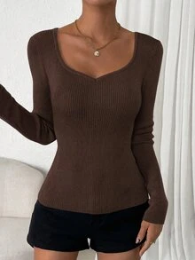 SHEIN Women's Solid Color V-Neck Long Sleeve Fitted Pullover Sweater - Coffee Brown - View 5