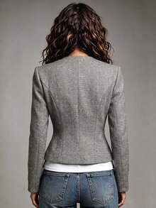 SHEIN Women Grey Herringbone Fabric Cropped Blazer Round Neck Silver Decorative Buttons Autumn Office Smart Casual Outerwear - Grey - View 2
