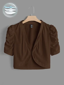 SHEIN Clasi Plus 號花瓣袖前開襟短版夾克，棕色秋季休閒寬鬆優雅款，適合辦公室、居家穿著、正式場合與雞尾酒會 - 咖啡棕 - 查看 1