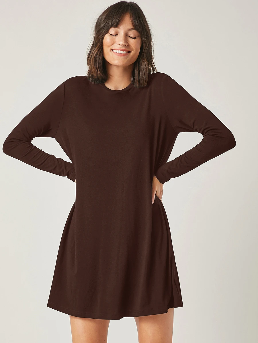 SHEIN BASICS 純色T恤洋裝/秋季女款日常居家深棕色休閒穿搭 - 棕色 - 查看 1
