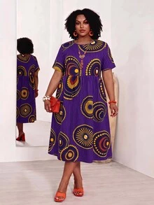 EMERY ROSE Plus Size Women's Geometric Pattern Round Neck Short Sleeve Casual Dress - Purple - View 2