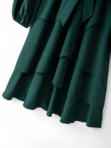 Selianne Multi-Layer Split Design Elegant Vintage Commuter Long Sleeve V-Neck French Style Women's Dress - Dark Green - View 3