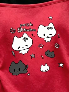 SHEIN Sparklyn 青少年女孩可愛兔子蝴蝶結貓咪動物圖案字母印花露肩短袖T恤，秋季休閒上衣 - 彩色 - 查看 5