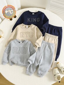 SHEIN 中性嬰兒男/女童、幼兒 2 件組秋冬保暖內裡加厚可愛拼色拼接立領運動衫套裝，嬰兒冬季衣物、運動服、聖誕 - 藏蓝色 - 查看 6