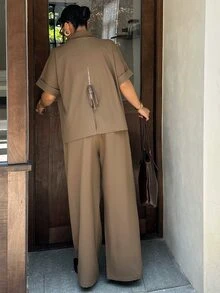 Dazy Plus Setelan Blazer dan Celana Panjang Wanita Ukuran Besar Warna Polos dengan Belahan Belakang dan Pita, Gaya Baru Awal Musim Gugur - Khaki - View 7