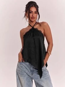 SHEIN BAE 春夏女款休閒度假掛脖蕾絲拼接露背不對稱下擺棕色純色緞面背心，適合海邊度假、海灘假期、姊妹休閒度假，優雅實用棕色緞面背心 - 黑色 - 查看 7